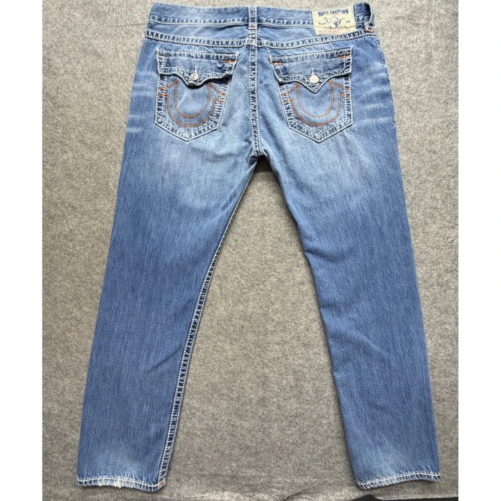 True Religion Skinny Leg Jeans Mens 42 Blue Whiskering Denim Thick Stitch Y2K